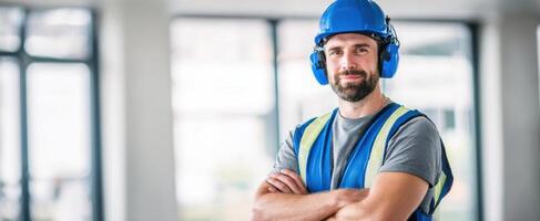 The confident construction worker in safety gear posing indoors with a smile. photo