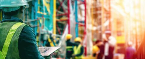 The construction worker analyzing data on a tablet at a busy job site. photo