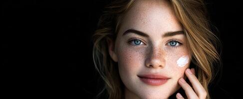 The stunning woman applying skincare with a radiant smile against a dark background. photo