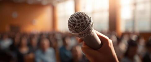 The microphone held up before an engaged audience during a public speaking event. photo