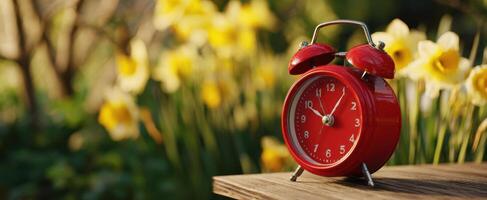 The vibrant red alarm clock set against a blooming spring garden. photo