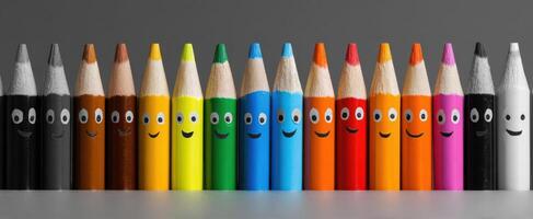 The colorful smiling pencils arranged in a playful and cheerful manner. photo