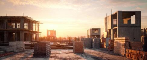 The construction site at sunrise showcasing building progress and development. photo