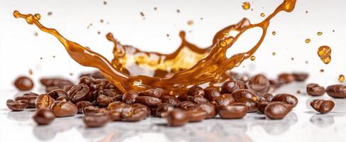 The mesmerizing splash of coffee over fresh roasted beans photo
