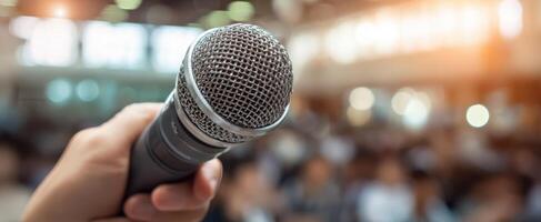The microphone held firmly for an impactful public speaking moment. photo