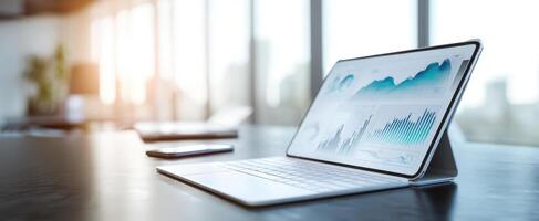 The modern tablet showcased on a sleek office desk with data analytics. photo