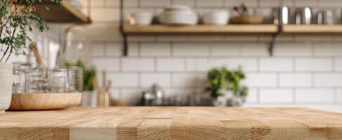 The warm wooden countertop in a modern kitchen setting with stylish decor. photo