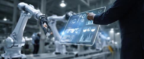 The futuristic robotic process control in an advanced manufacturing facility. photo