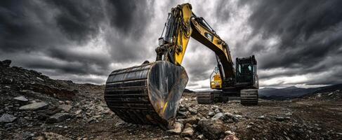The powerful excavator harnessing strength in a dramatic landscape. photo