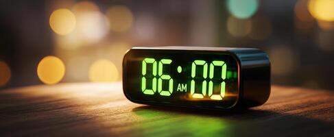 The digital alarm clock displaying 0600 in a serene morning ambiance. photo