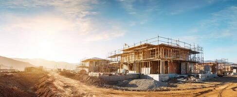 The construction site under a beautiful sunset showcasing progress and development photo