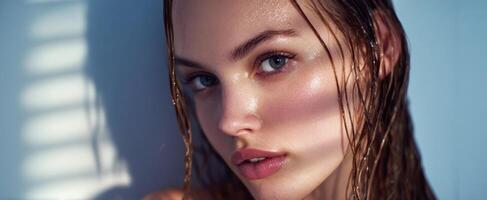 The Close-Up Portrait of a Glamorous Model with Wet Hair and Glowing Skin photo