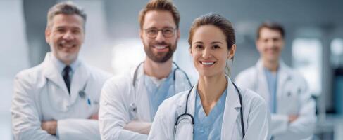 The healthcare team smiling confidently in a modern medical setting. photo