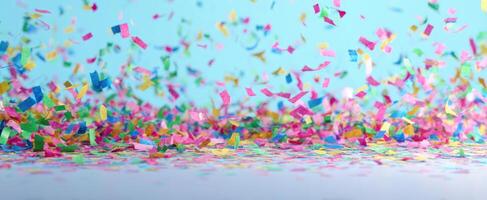 Confetti falling on a blue background photo