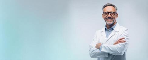 A man in a lab coat standing with his arms crossed photo