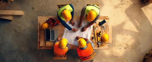 The construction team collaborates over blueprints in a worksite meeting. photo