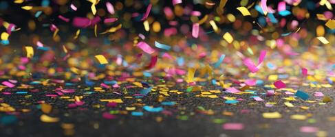 The colorful confetti falling onto a celebratory surface during a lively event. photo
