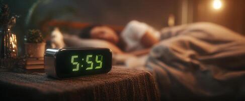 The digital alarm clock displays 559 in a cozy, tranquil bedroom setting. photo
