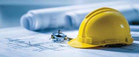 The yellow hard hat positioned on architectural blueprints with drafting tools. photo