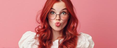 The playful woman with red hair and glasses making a cute expression photo