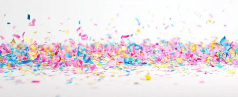 The colorful confetti scattering joyfully across a celebration backdrop. photo