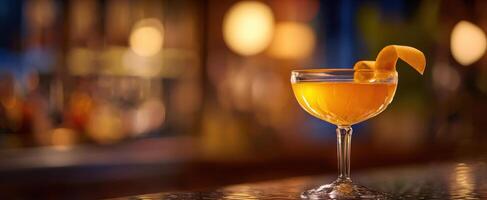 The vibrant cocktail garnished with orange in a stylish bar ambiance. photo