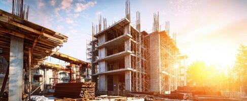 The construction site showcasing modern building development at sunrise. photo