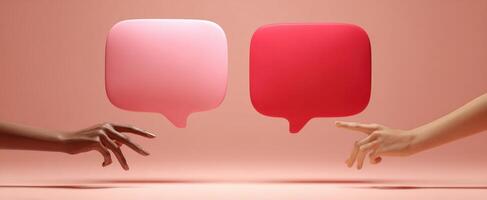 The artistic representation of hands reaching towards colorful speech bubbles photo