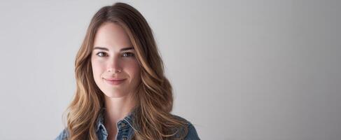 The young woman with a warm smile in a casual denim outfit. photo