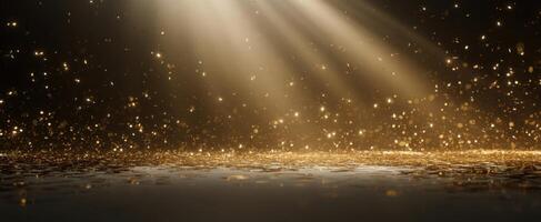 The shimmering golden particles dancing through radiant beams of light. photo