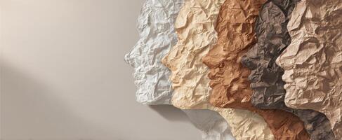 The intricate paper faces reveal a striking blend of textures and colors. photo