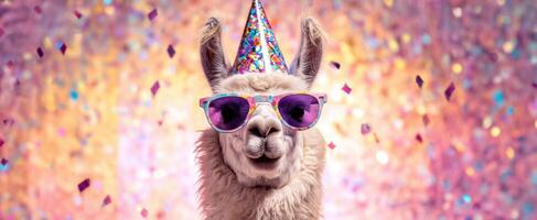 The Llama in Sunglasses Celebrating at a Colorful Party with Confetti. photo