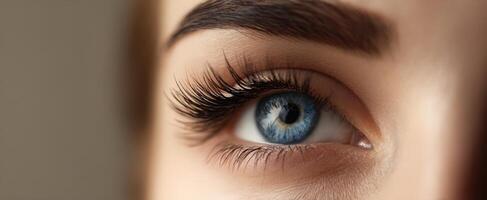 The enchanting beauty of a close-up blue eye and long eyelashes. photo