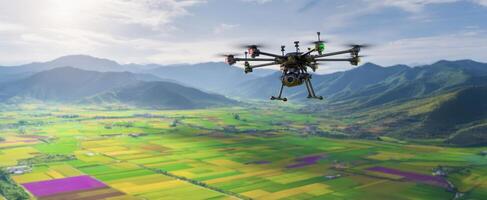 The drone soaring over vibrant agricultural fields under a bright sky. photo