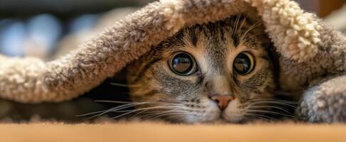 The curious cat peeking from beneath a cozy blanket in a warm home. photo