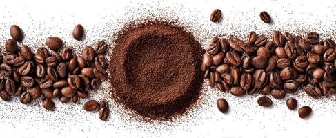 The rich and aromatic coffee experience with beans and ground powder. photo