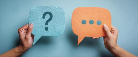 The dialogue between inquiry and contemplation using colorful speech bubbles. photo