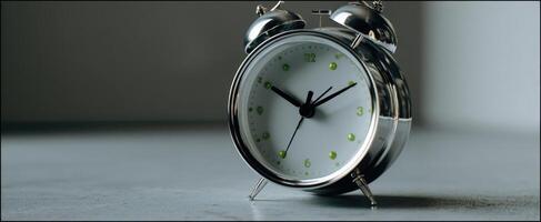 The metal alarm clock showcasing unique design and classic aesthetics on a surface. photo