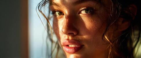 The radiant beauty of a woman illuminated by natural sunlight. photo