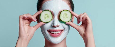 The woman enjoying a spa treatment with cucumbers and a facial mask. photo