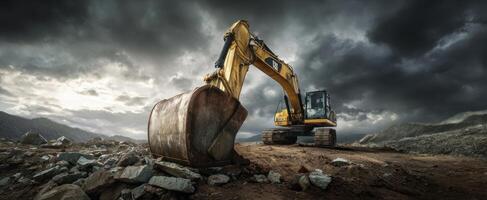 The powerful excavator working under a dramatic stormy sky. photo