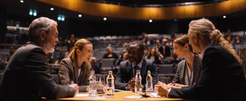 The group of professionals engaged in a strategic business meeting at a conference. photo