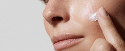 The woman applying moisturizer to her radiant, healthy skin in a close-up shot. photo