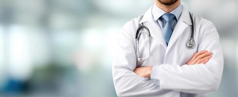 The confident doctor standing with arms crossed in modern healthcare setting. photo