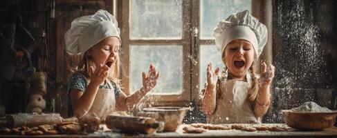 The joyful baking experience of two little chefs in a cozy kitchen. photo