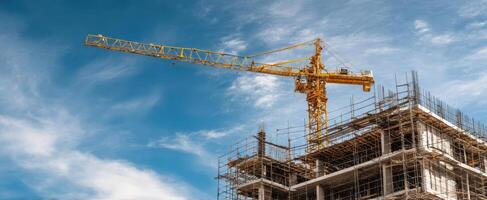 The construction crane towers over a building site under a bright blue sky. photo