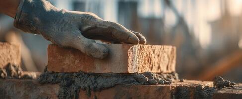 The worker placing a brick on a construction site during sunset. photo