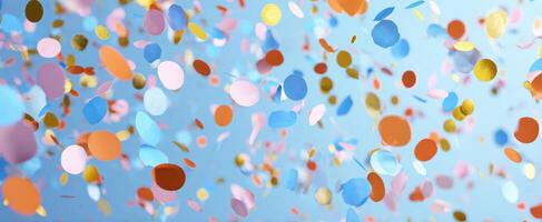 The colorful confetti flying through the air in a festive celebration background. photo