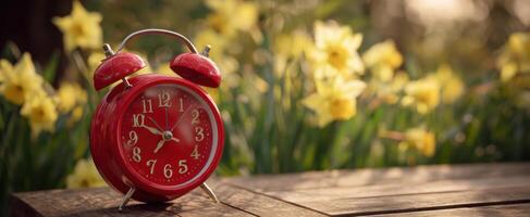 The Red Alarm Clock Amidst Blooming Daffodils in a Serene Garden Setting photo