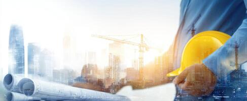 The engineer holding blueprints and a hard hat in a modern urban skyline. photo